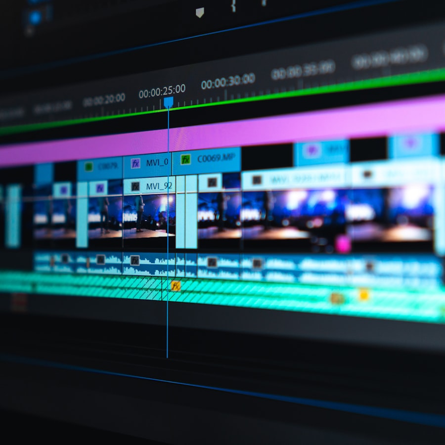 A video edit timeline filling a monitor.